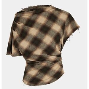 Micas Plaid Cowl Neck Top Brown Tan Buffalo Check Sleeveless Blouse NWT Small